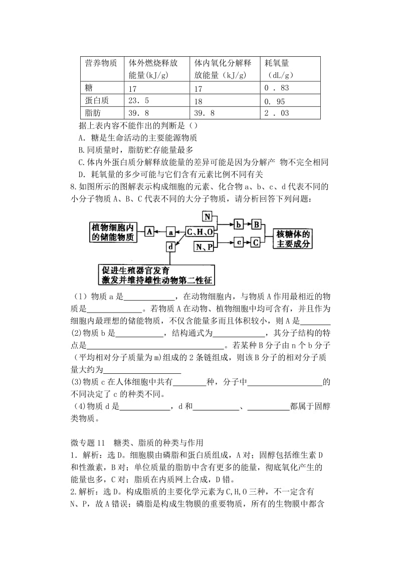 2019-2020年高中生物同步培优资料 微专题11 糖类、脂质的种类与作用练习 新人教版必修1.doc_第2页