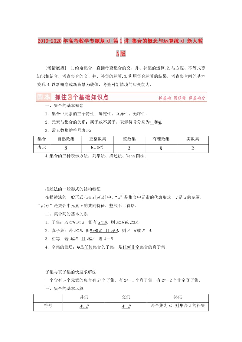 2019-2020年高考数学专题复习 第1讲 集合的概念与运算练习 新人教A版.doc_第1页