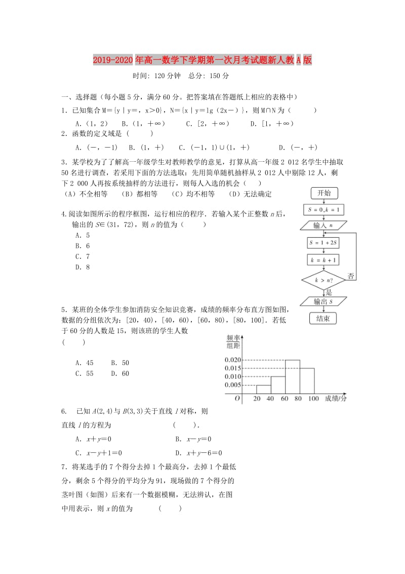 2019-2020年高一数学下学期第一次月考试题新人教A版.doc_第1页