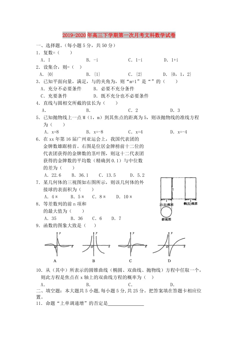 2019-2020年高三下学期第一次月考文科数学试卷.doc_第1页