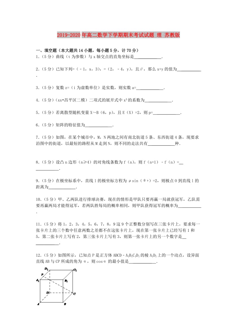 2019-2020年高二数学下学期期末考试试题 理 苏教版.doc_第1页