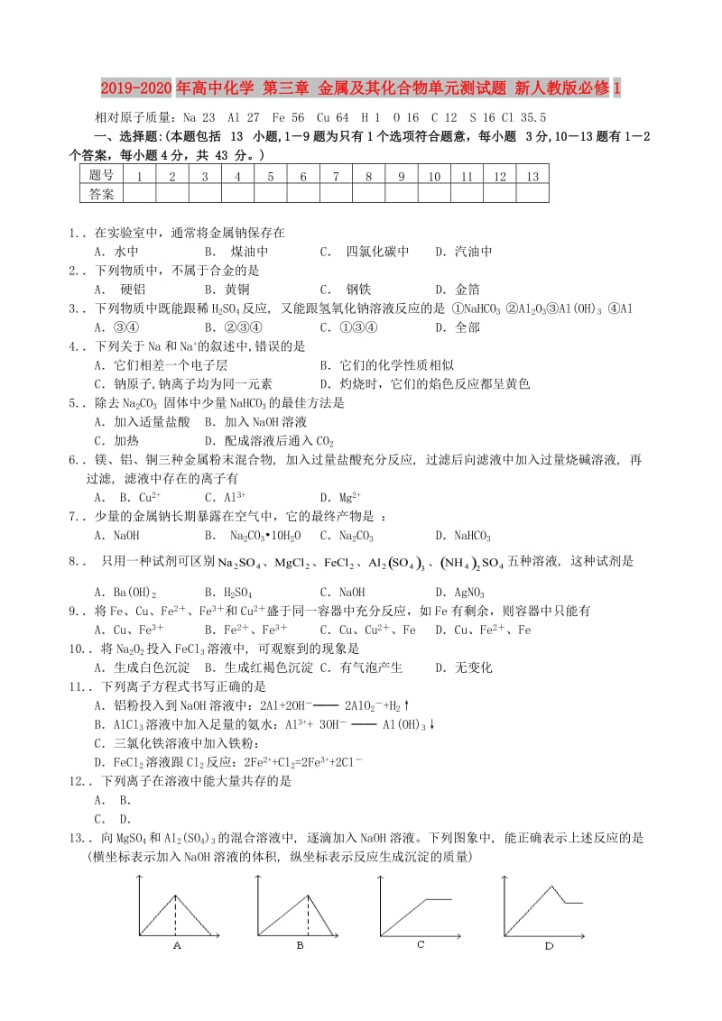 2019-2020年高中化学 第三章 金属及其化合物单元测试题 新人教版必修1.doc_第1页