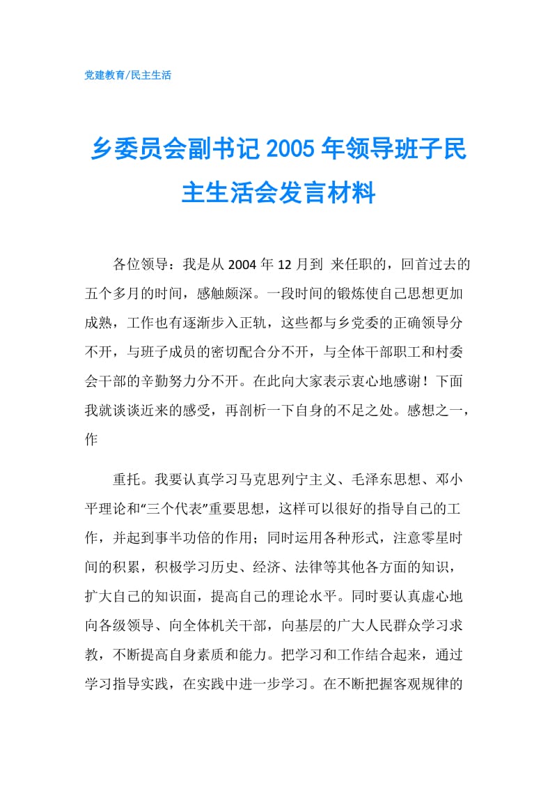 乡委员会副书记2005年领导班子民主生活会发言材料.doc_第1页