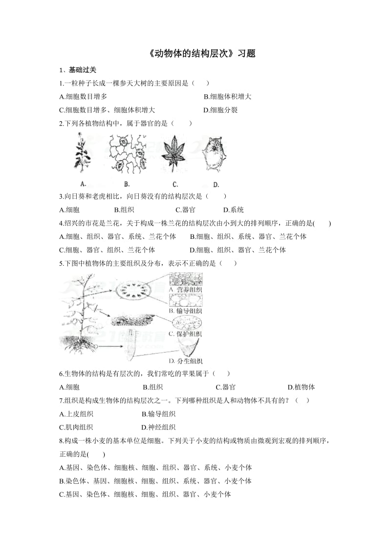 鲁科版生物六年级上册2.3.3《植物体的结构层次》word习题.doc_第1页