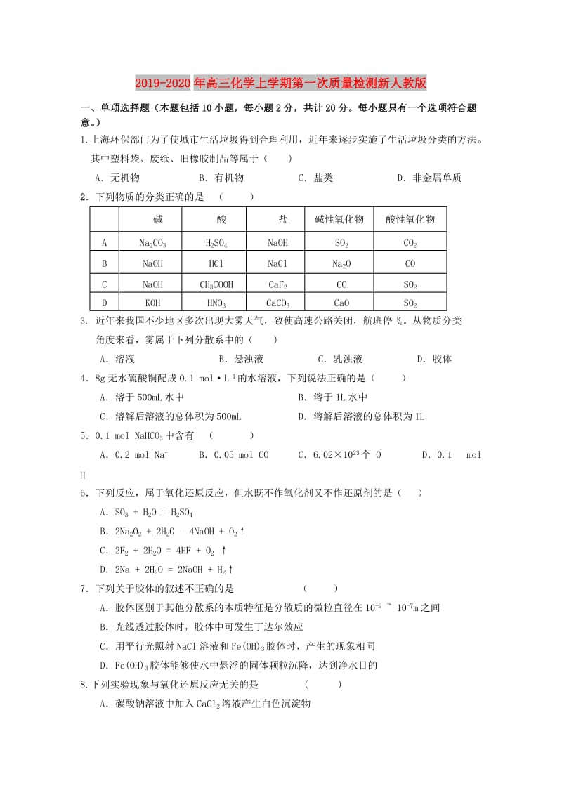 2019-2020年高三化学上学期第一次质量检测新人教版.doc_第1页