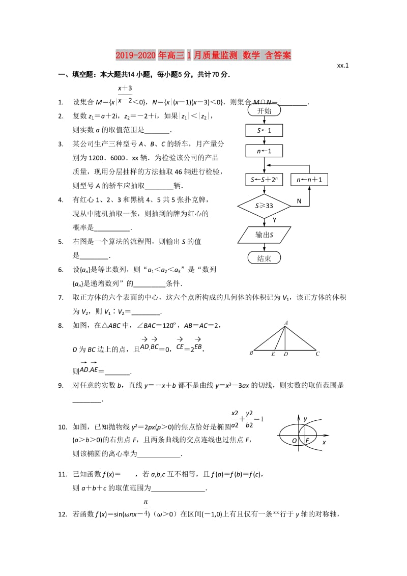 2019-2020年高三1月质量监测 数学 含答案.doc_第1页