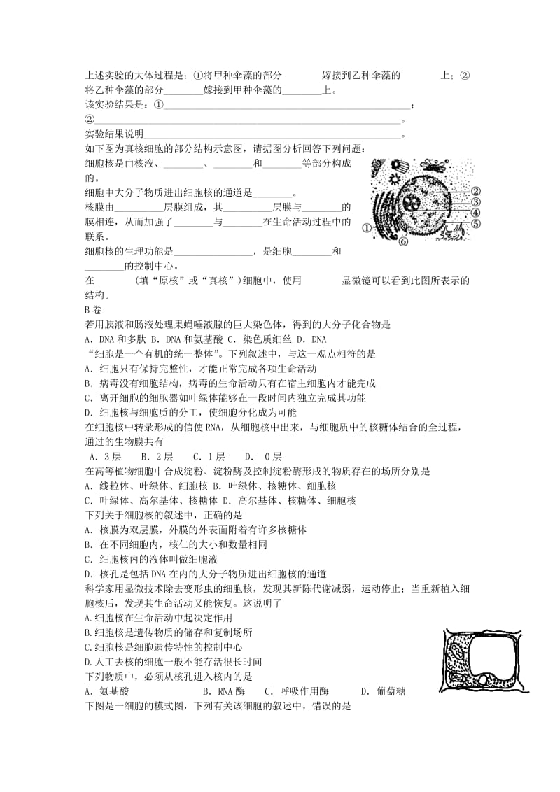 2019-2020年高中生物 第三章 第3节 细胞核 系统的控制中心同步测试 新必修1.doc_第2页