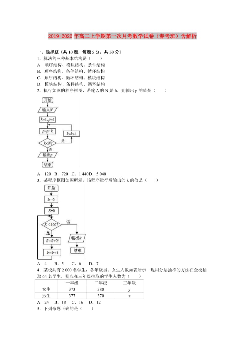 2019-2020年高二上学期第一次月考数学试卷（春考班）含解析.doc_第1页