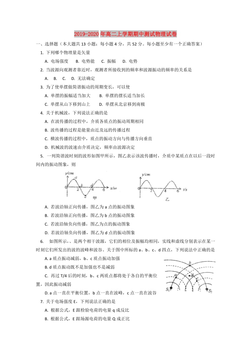 2019-2020年高二上学期期中测试物理试卷.doc_第1页