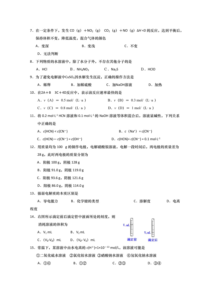 2019-2020年高二上学期期末考试化学理试题 Word版含答案.doc_第2页