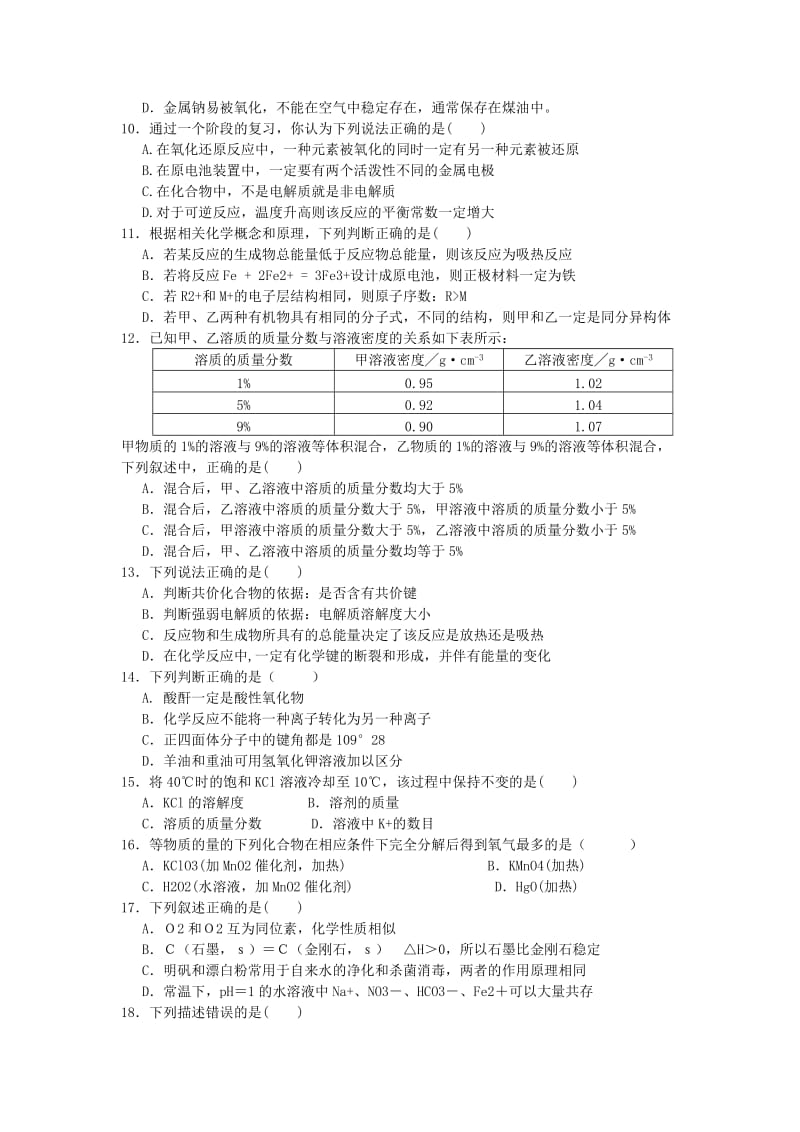 2019-2020年高二下学期学业水平测试模拟考试一化学试题 Word版含答案.doc_第2页