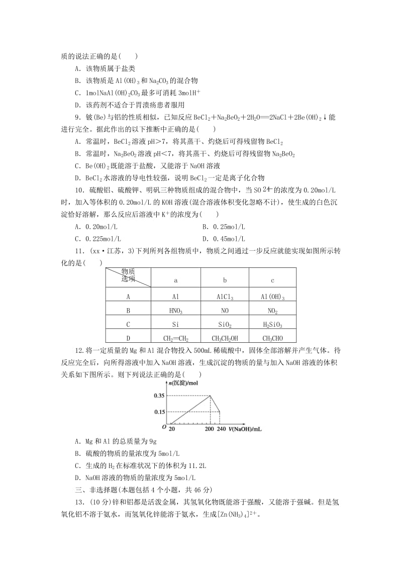 2019-2020年高中化学 专题三 第一单元《从铝土矿到铝合金》单元练习 苏教版必修1.doc_第2页