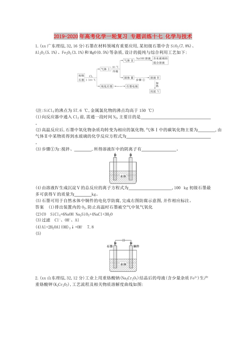 2019-2020年高考化学一轮复习 专题训练十七 化学与技术.doc_第1页