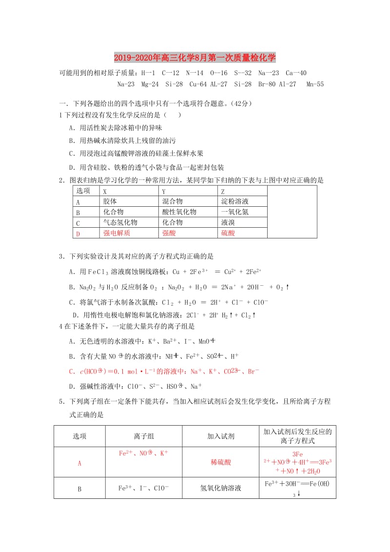 2019-2020年高三化学8月第一次质量检化学.doc_第1页