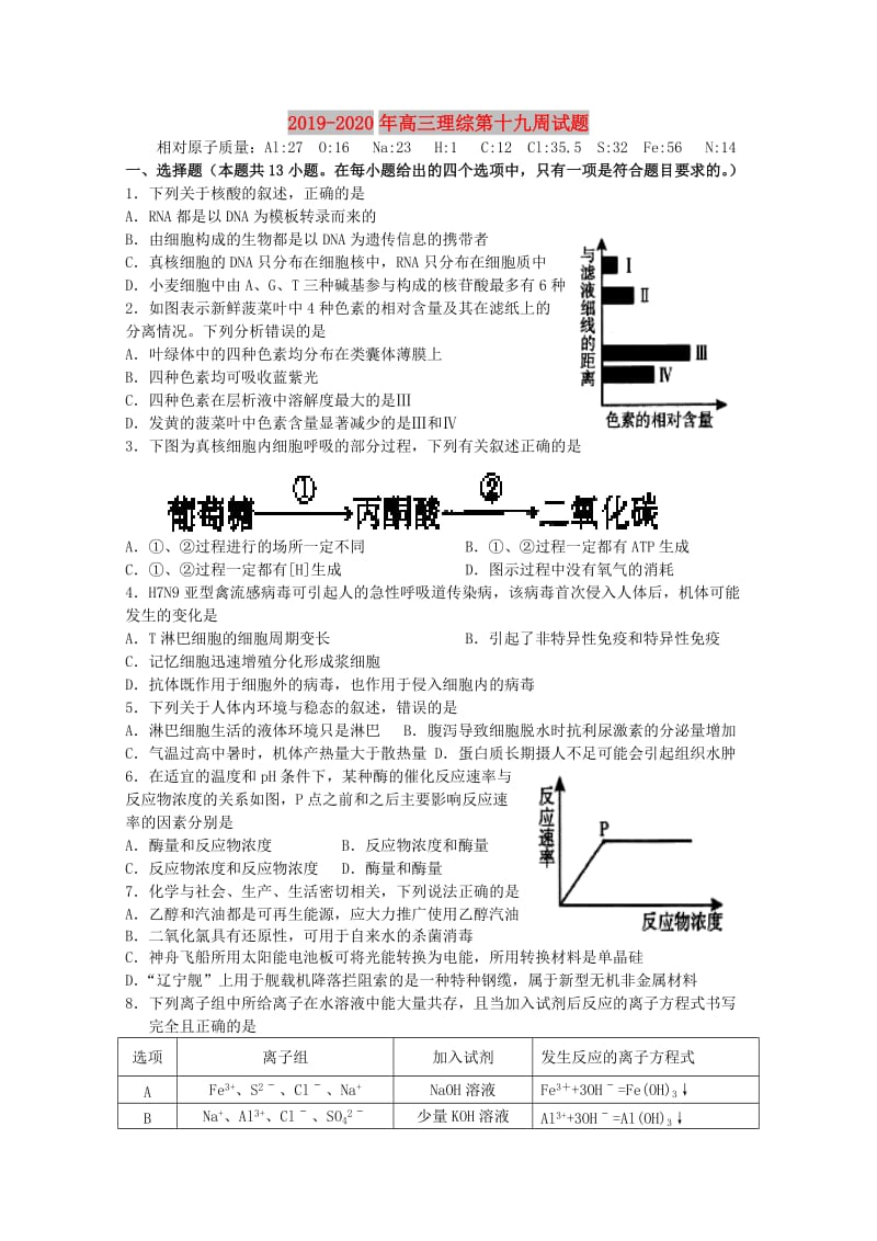 2019-2020年高三理综第十九周试题.doc_第1页