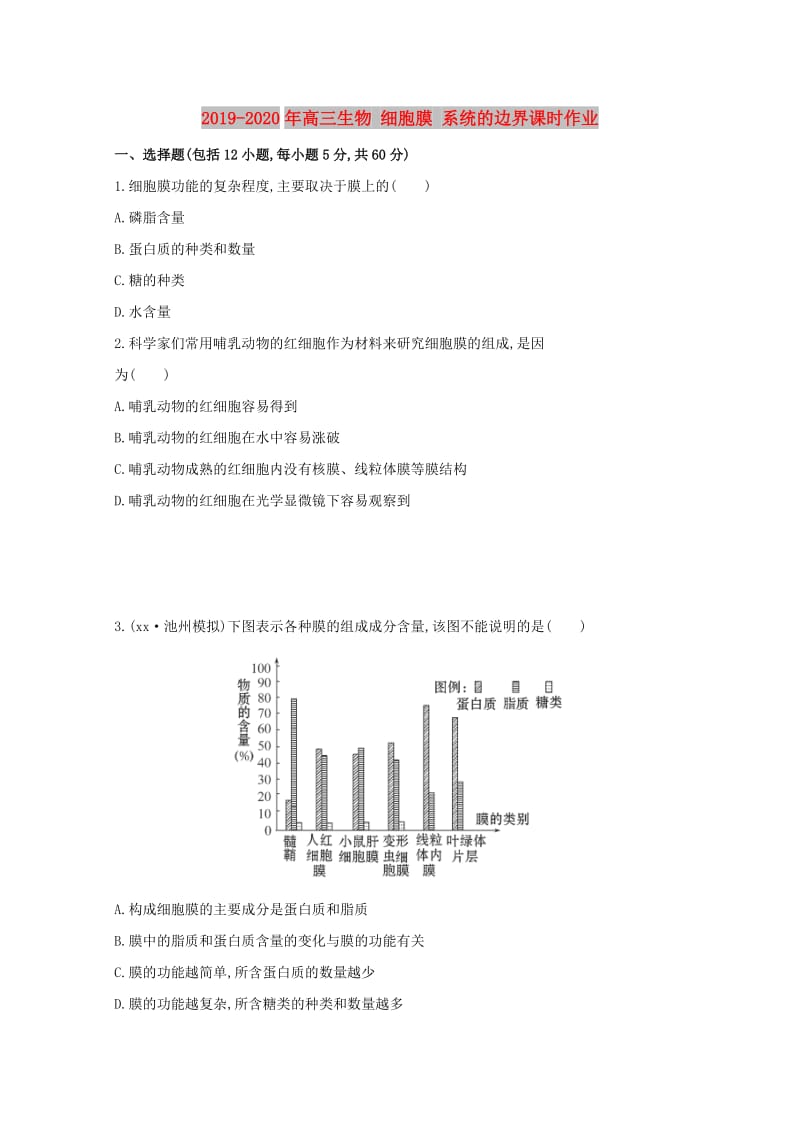 2019-2020年高三生物 细胞膜 系统的边界课时作业.doc_第1页