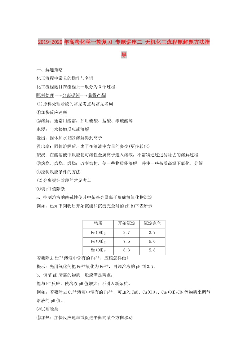 2019-2020年高考化学一轮复习 专题讲座二 无机化工流程题解题方法指导.doc_第1页