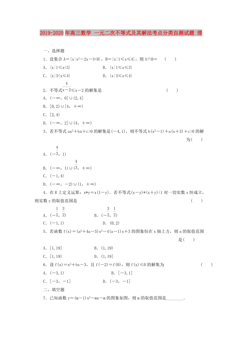 2019-2020年高三数学 一元二次不等式及其解法考点分类自测试题 理.doc_第1页