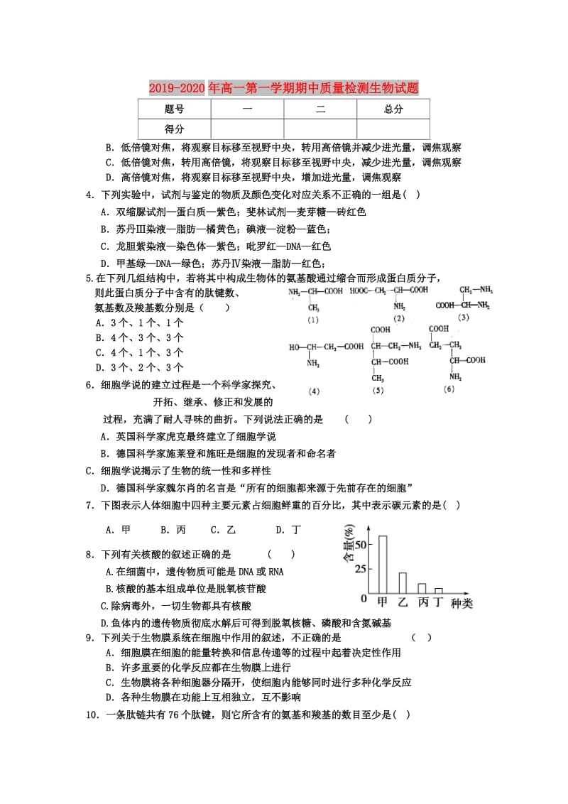 2019-2020年高一第一学期期中质量检测生物试题.doc_第1页