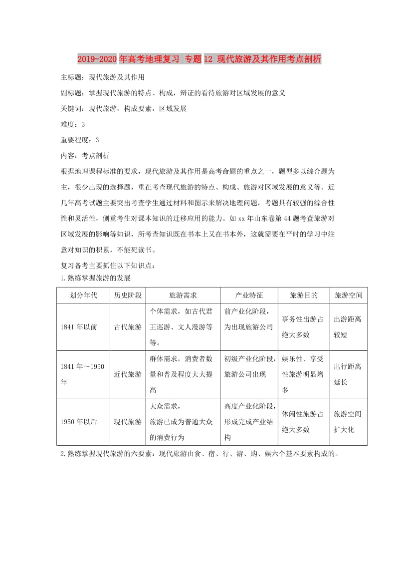 2019-2020年高考地理复习 专题12 现代旅游及其作用考点剖析.doc_第1页