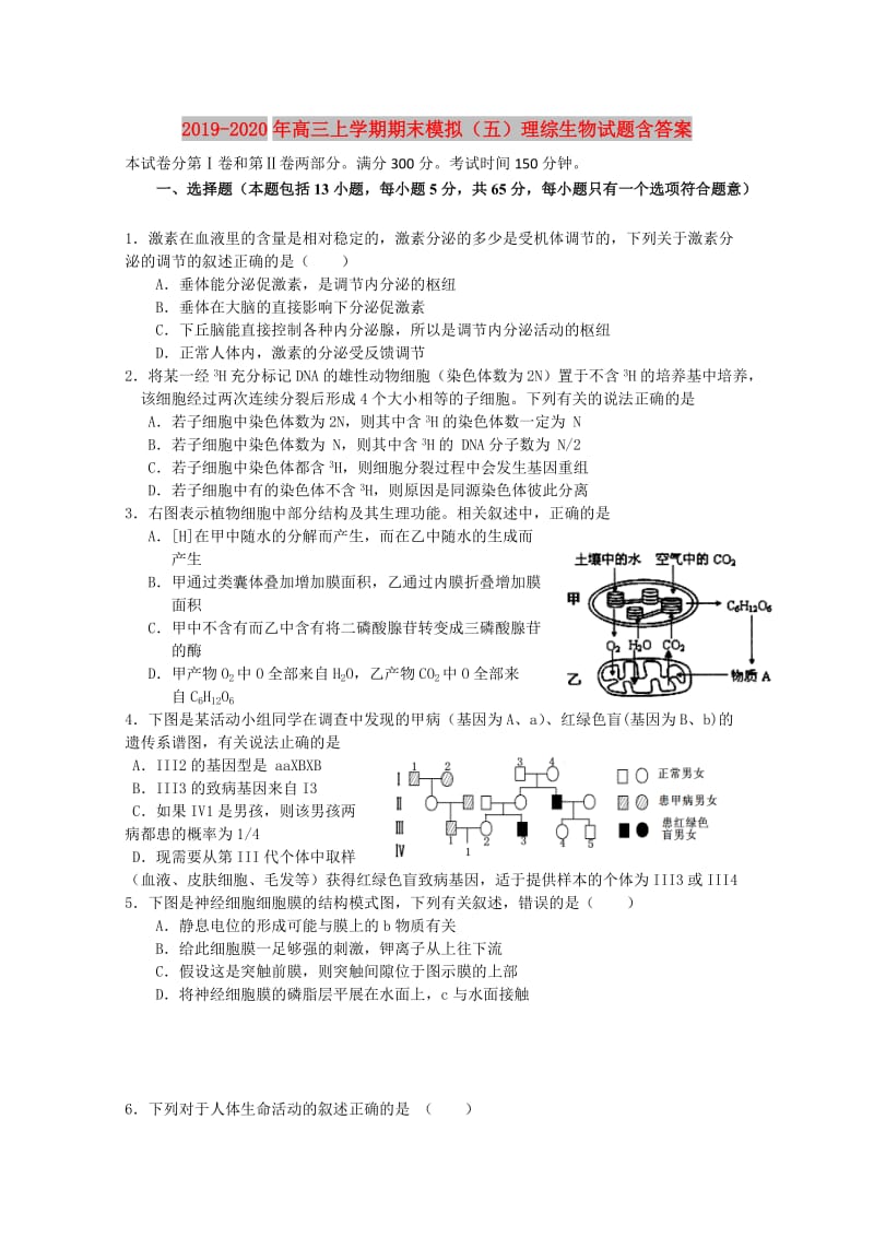 2019-2020年高三上学期期末模拟（五）理综生物试题含答案.doc_第1页