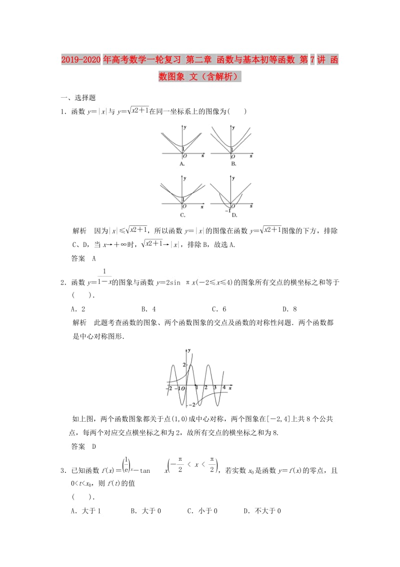 2019-2020年高考数学一轮复习 第二章 函数与基本初等函数 第7讲 函数图象 文（含解析）.doc_第1页