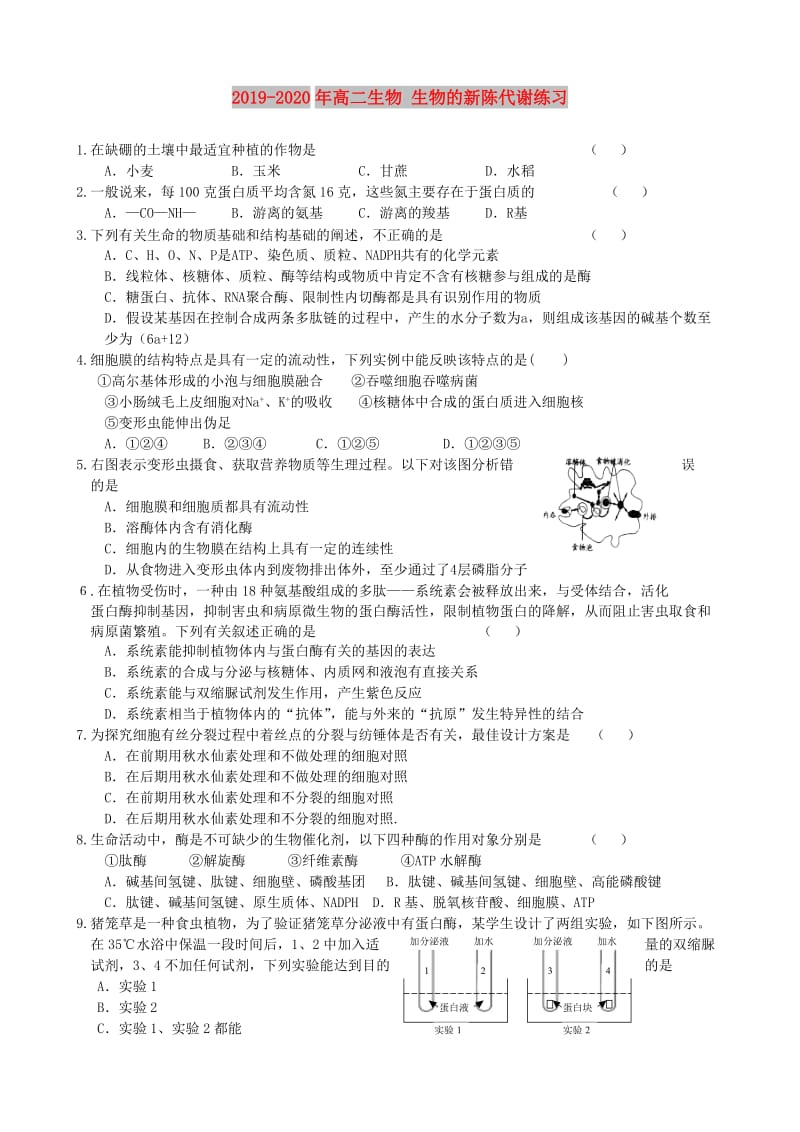 2019-2020年高二生物 生物的新陈代谢练习.doc_第1页