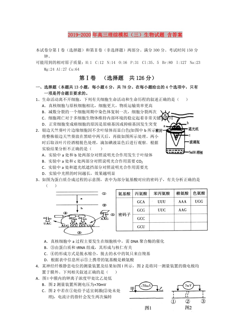 2019-2020年高三理综模拟（三）生物试题 含答案.doc_第1页