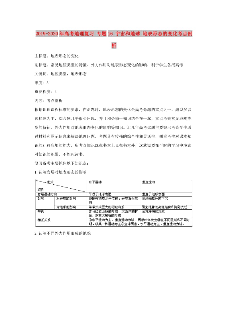 2019-2020年高考地理复习 专题16 宇宙和地球 地表形态的变化考点剖析.doc_第1页