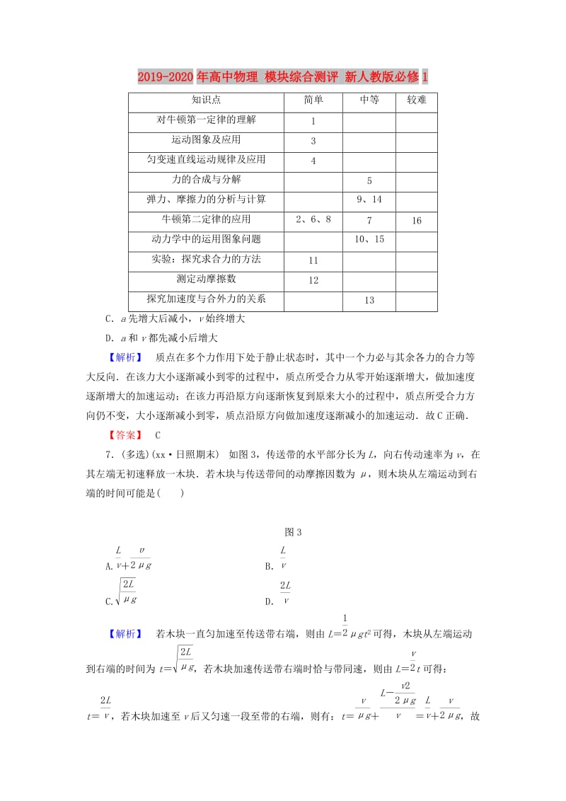 2019-2020年高中物理 模块综合测评 新人教版必修1.doc_第1页