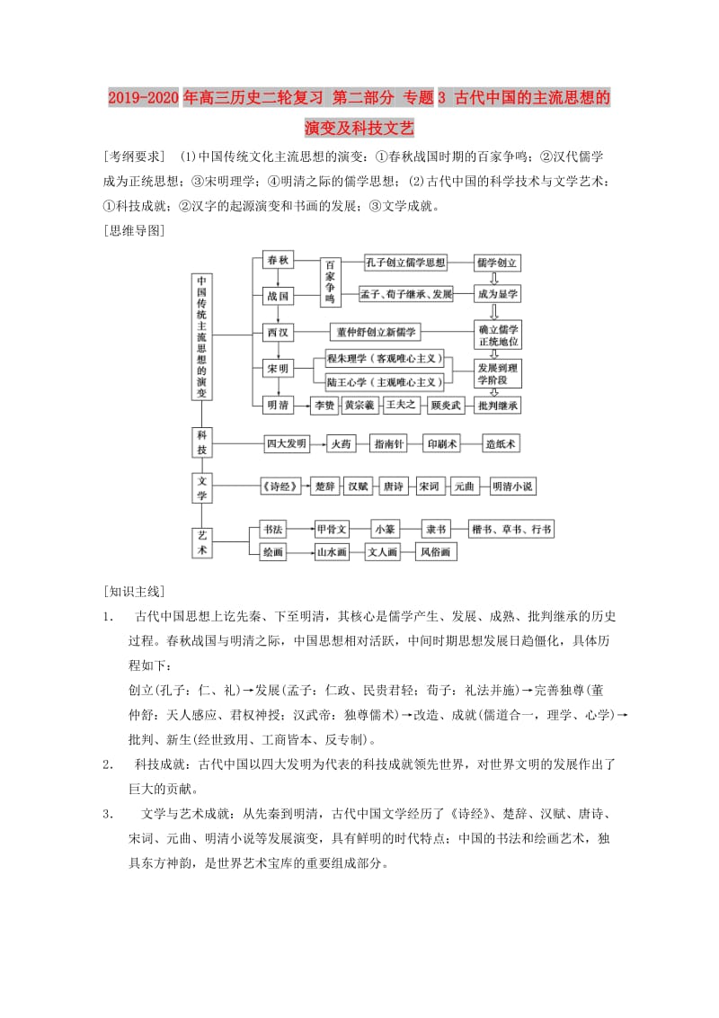 2019-2020年高三历史二轮复习 第二部分 专题3 古代中国的主流思想的演变及科技文艺.doc_第1页