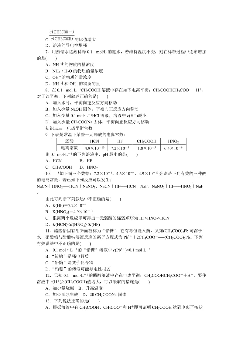 2019-2020年高二人教版化学选修4练习册：3.1弱电解质的电离.doc_第2页