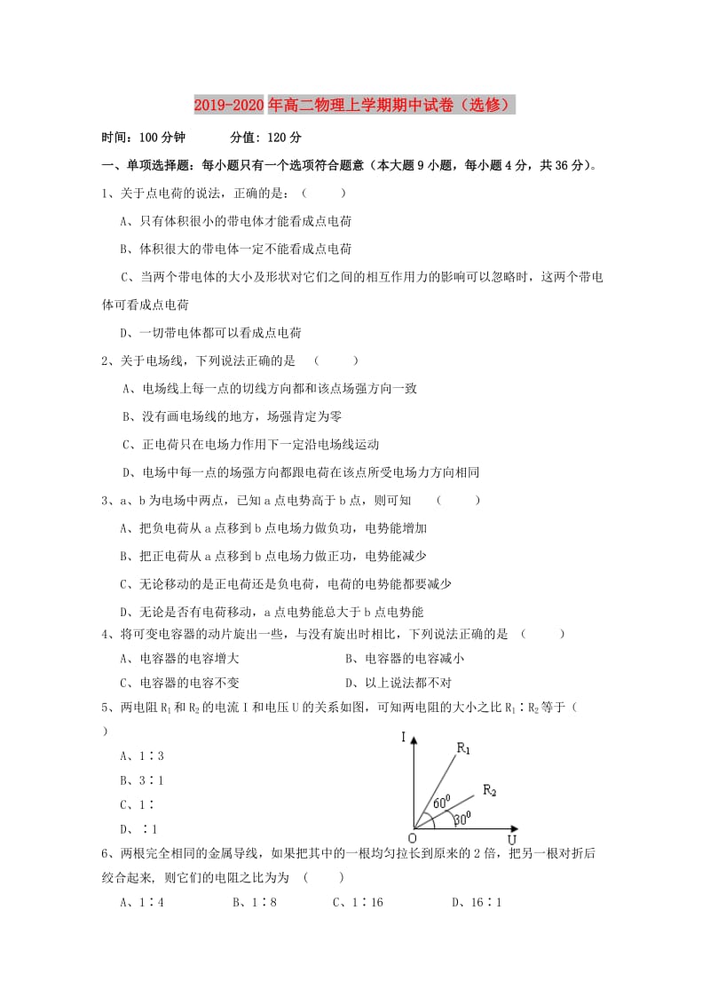 2019-2020年高二物理上学期期中试卷（选修）.doc_第1页