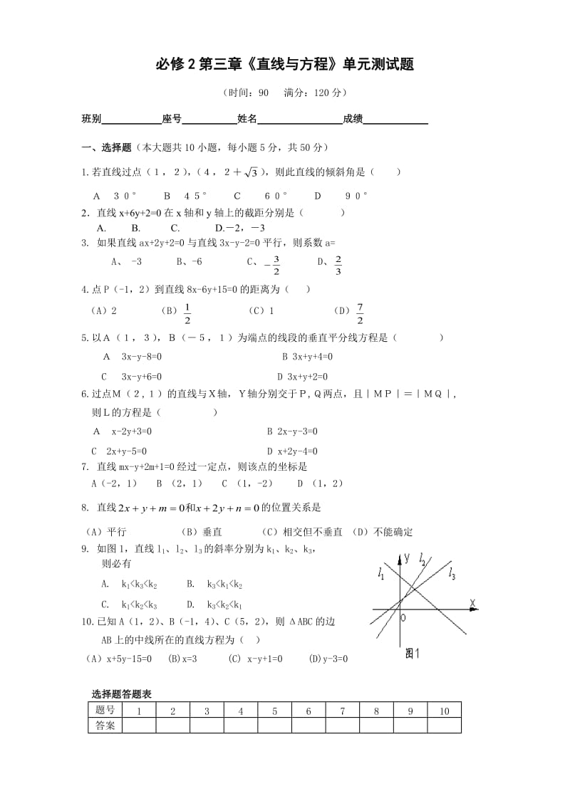 必修2第三章直线与方程单元测试题及答案.doc_第1页