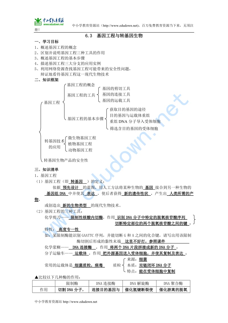 沪科版生命科学高二上6-3《基因工程与转基因生物》学案答案.doc_第1页