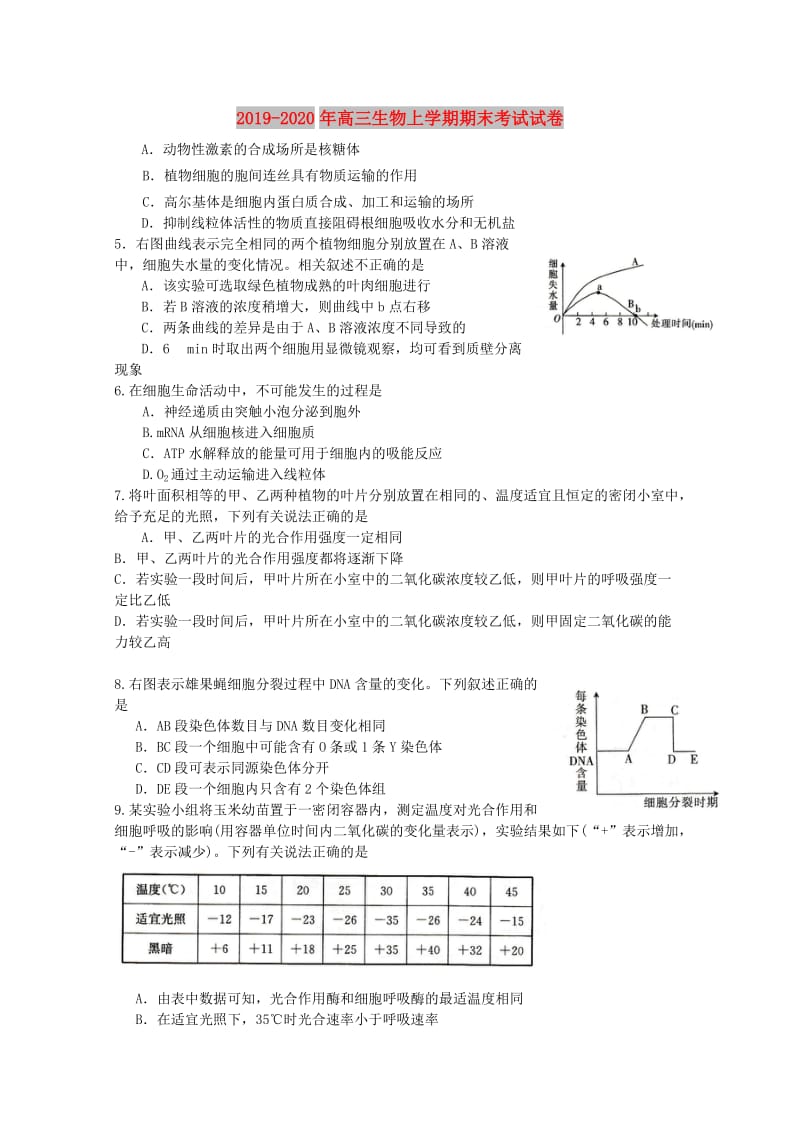 2019-2020年高三生物上学期期末考试试卷.doc_第1页