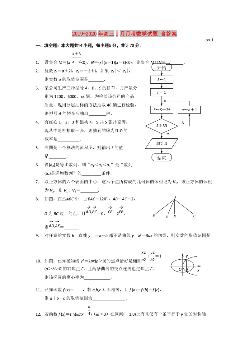 2019-2020年高三1月月考数学试题 含答案.doc_第1页