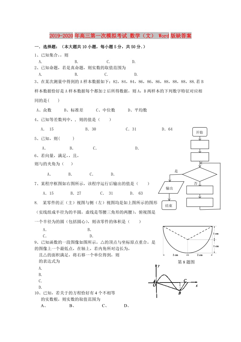 2019-2020年高三第一次模拟考试 数学（文） Word版缺答案.doc_第1页