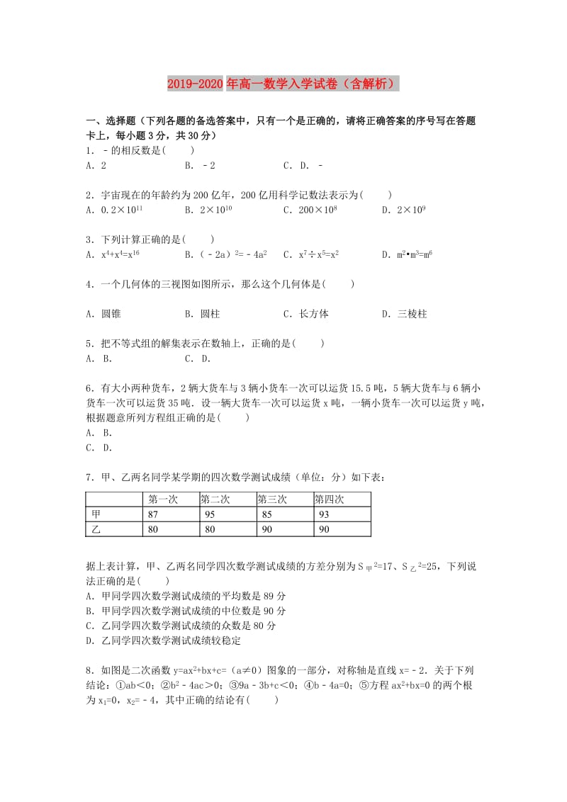 2019-2020年高一数学入学试卷（含解析）.doc_第1页