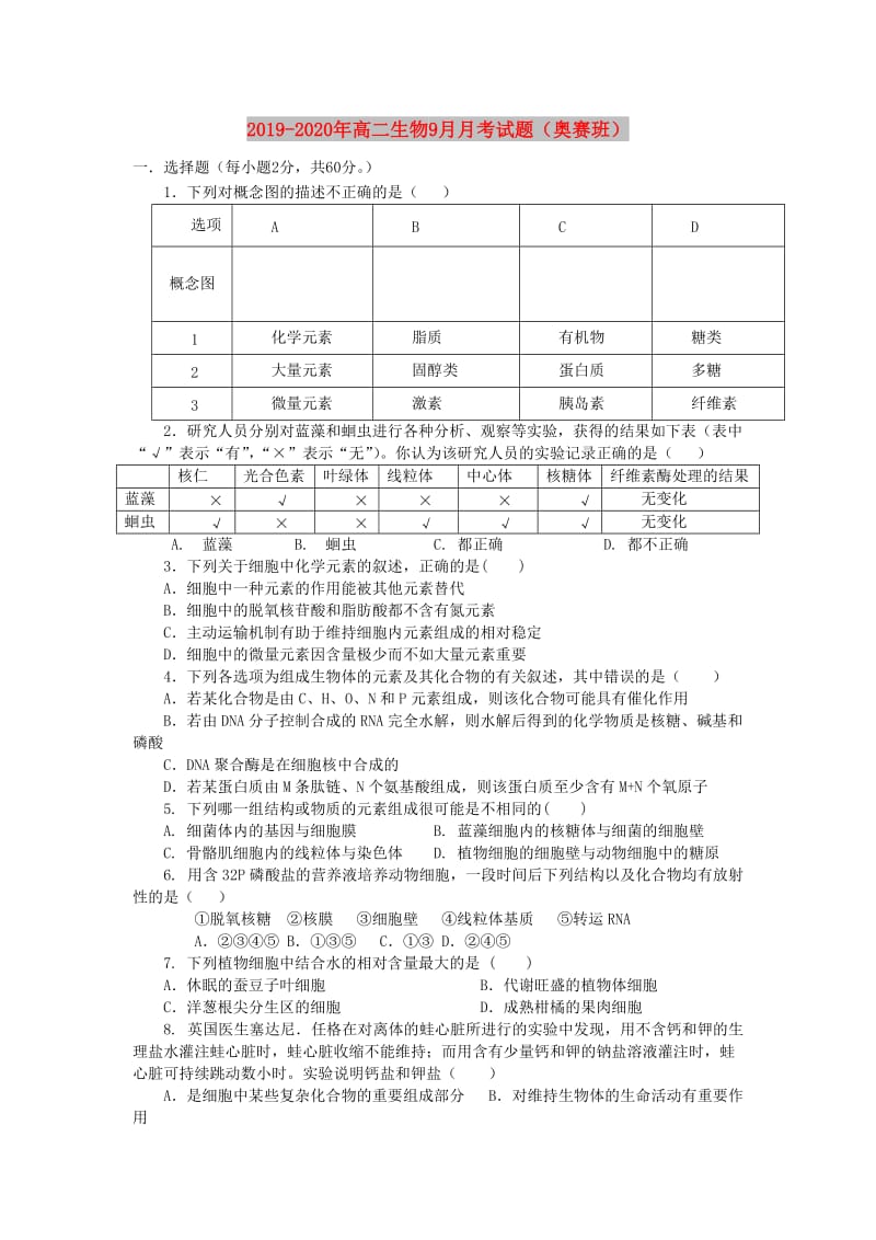 2019-2020年高二生物9月月考试题（奥赛班）.doc_第1页