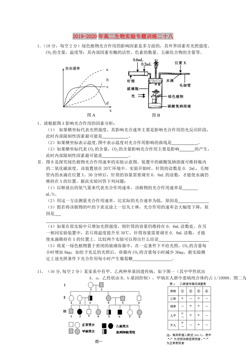 2019-2020年高二生物实验专题训练二十八.doc_第1页