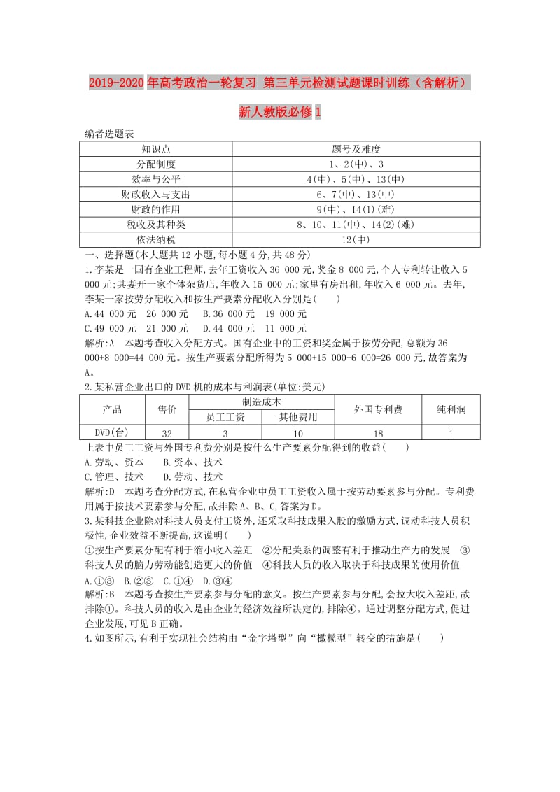 2019-2020年高考政治一轮复习 第三单元检测试题课时训练（含解析）新人教版必修1.doc_第1页