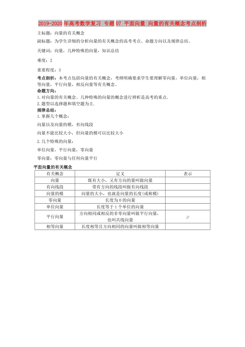 2019-2020年高考数学复习 专题07 平面向量 向量的有关概念考点剖析.doc_第1页