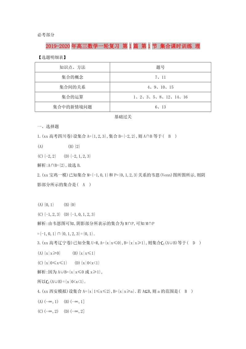 2019-2020年高三数学一轮复习 第1篇 第1节 集合课时训练 理.doc_第1页