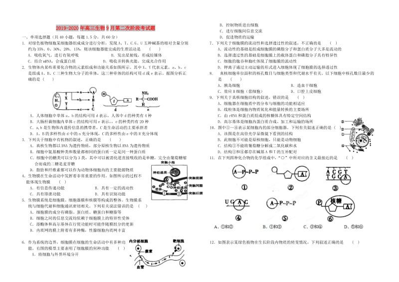 2019-2020年高三生物9月第二次阶段考试题.doc_第1页