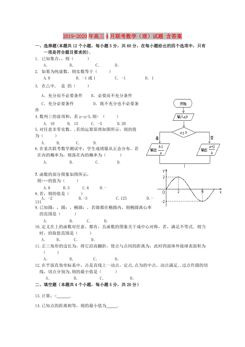 2019-2020年高三4月联考数学（理）试题 含答案.doc_第1页