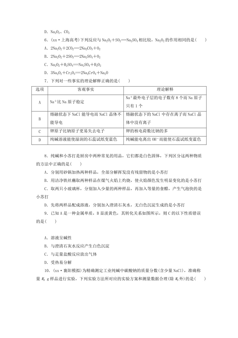 2019-2020年高考化学一轮复习 课时跟踪检测1 钠及其化合物 新人教版.doc_第2页