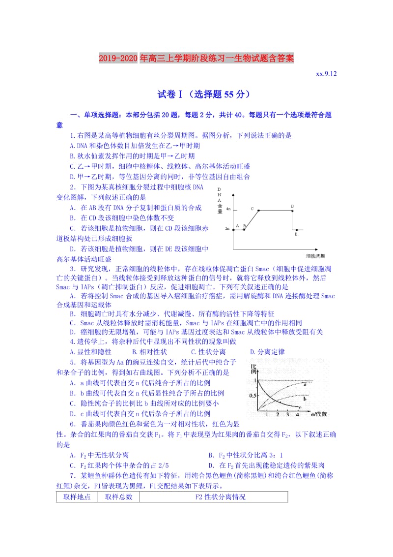 2019-2020年高三上学期阶段练习一生物试题含答案.doc_第1页