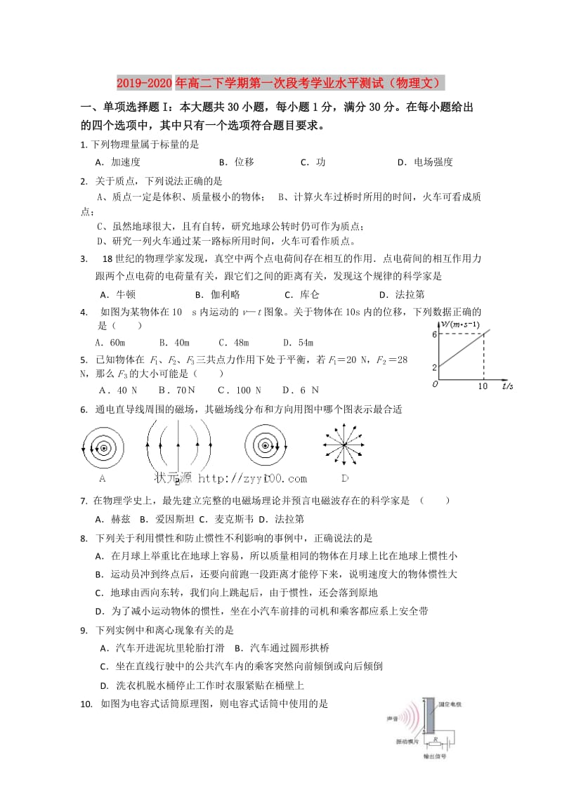 2019-2020年高二下学期第一次段考学业水平测试（物理文）.doc_第1页