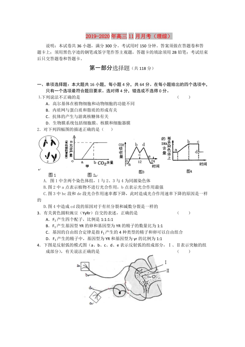 2019-2020年高三11月月考（理综）.doc_第1页